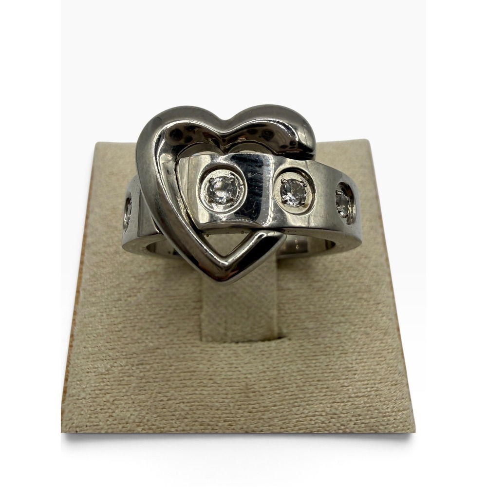 Stainless Steel Heart Ring Crystal Inset Band Y2K